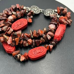 Vintage 925‎ Sterling Silver Garnet & Cinnabar Triple Strand 8” Bracelet 47.8g